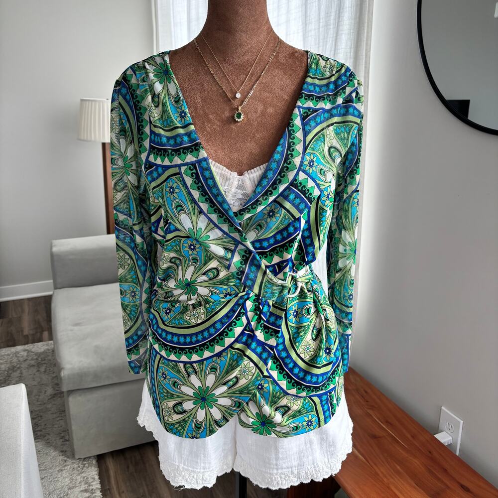 Nicole Vibrant Blue and Green Patterned Wrap Top Silver Buckle Size Medium